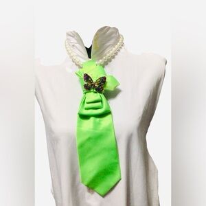Lime Green Satin Necktie with Butterfly Brooch